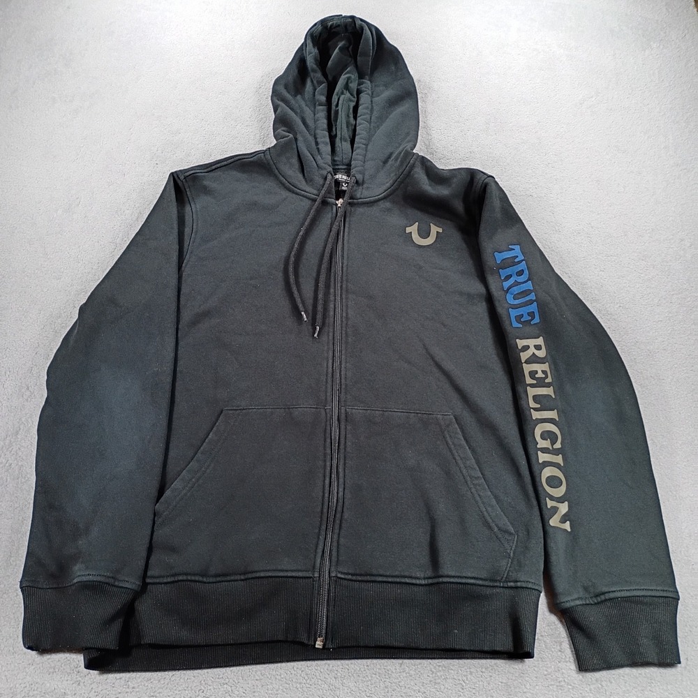 True Religion Mens Buddha Graphic Zip Hoodie Black Medium Sleeve Logo